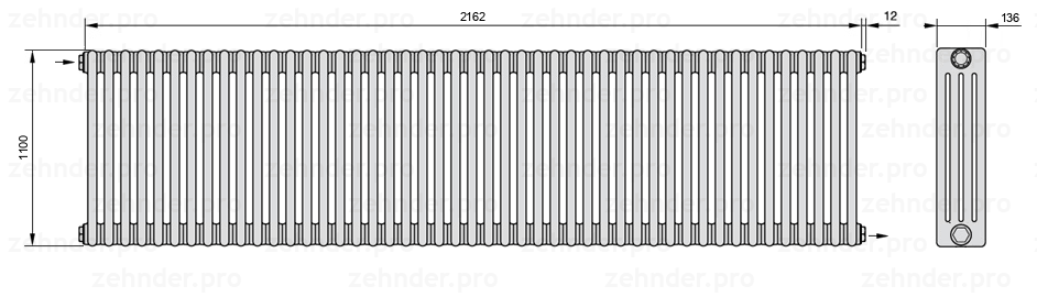Схема (чертеж) Радиатор Zehnder Charleston 4110/47 №1670 Белый глянцевый RAL 9016